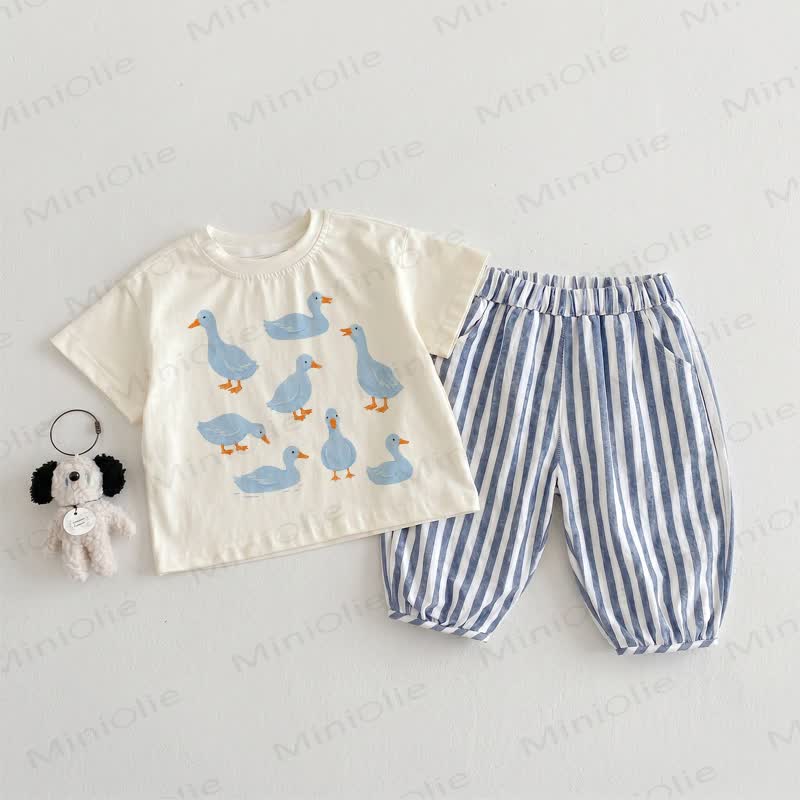 Baby Toddler Duck Beige&Blue Vertical Striped 2-piece Set - Beige&Blue - 3-4T - image 1
