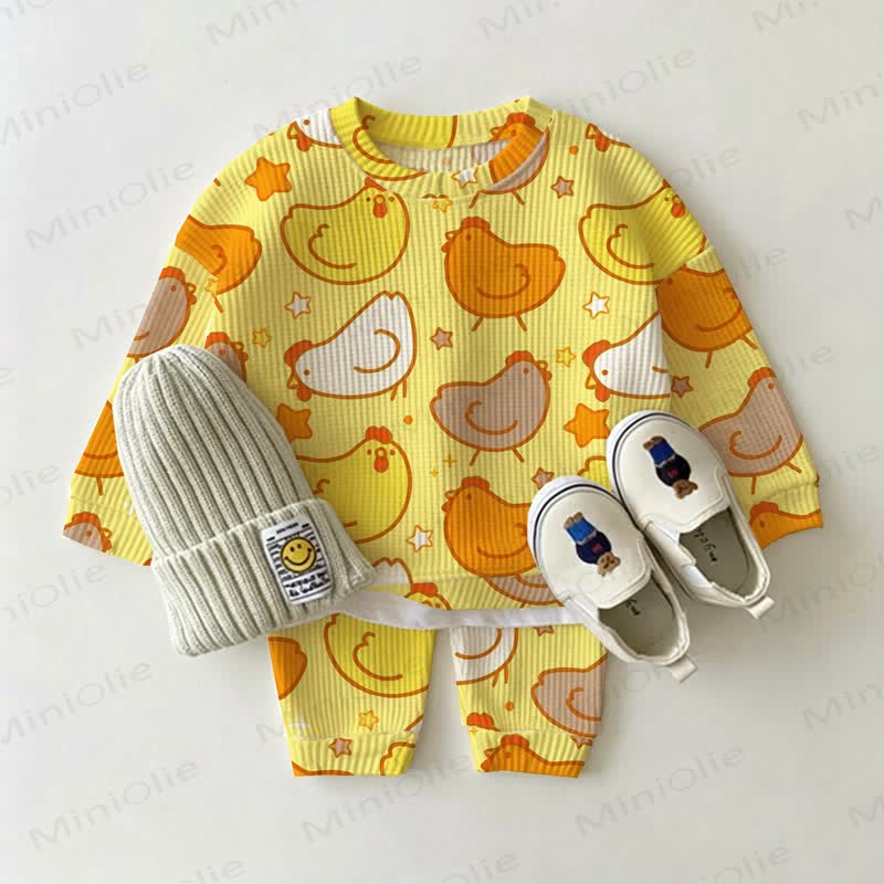 Baby Yellow Cartoon Chick Star Print Waffle 2-piece Set - Yellow - 2-3T - image 1