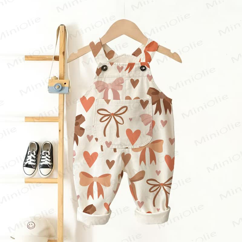 Baby Toddler Bow Heart Print Overalls - Beige - 3-5T - image 1