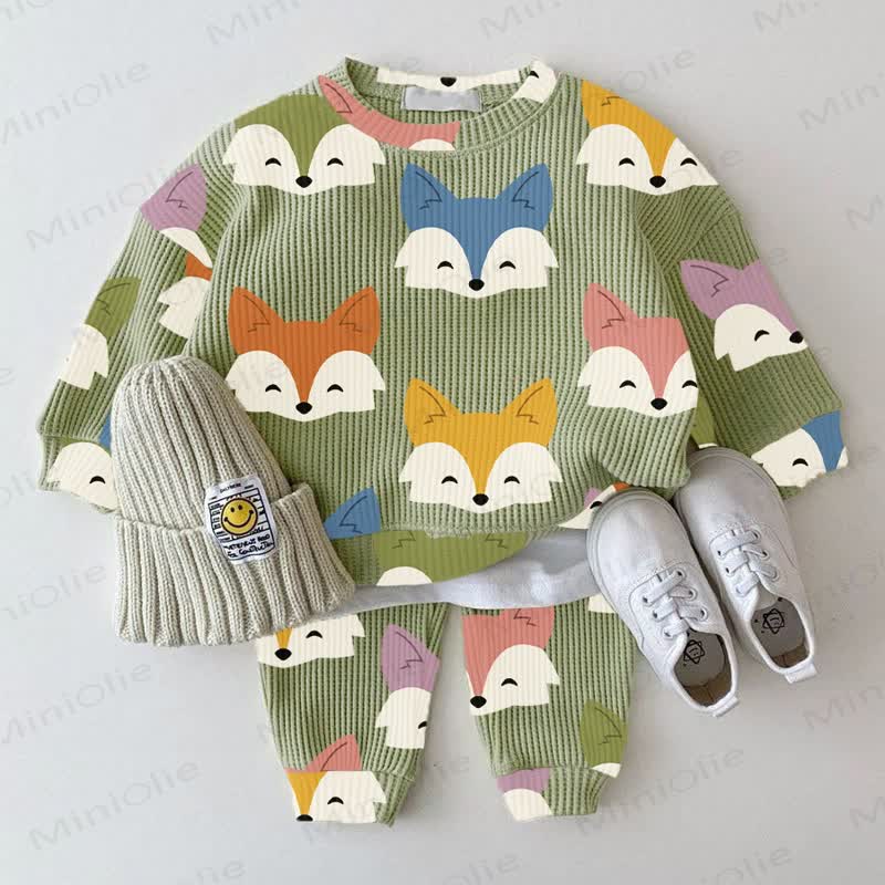 Baby Green Multicolor Cartoon Fox Print Waffle 2-piece Set - Green - 2-3T - image 1