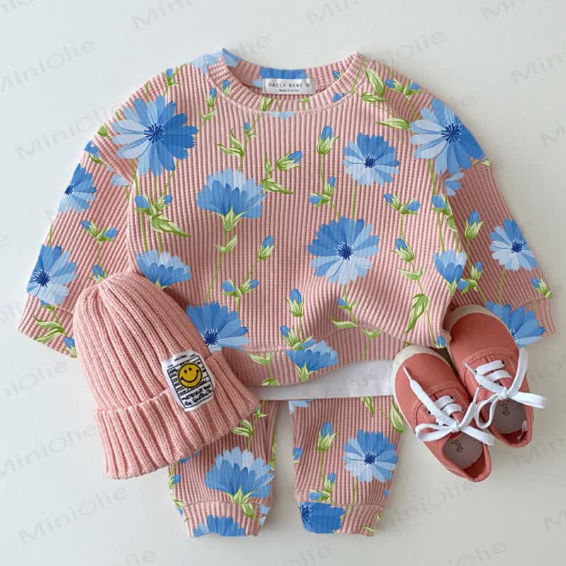 Baby Pink Blue Floral Print Waffle 2-piece Set - Pink - 2-3T - image 1