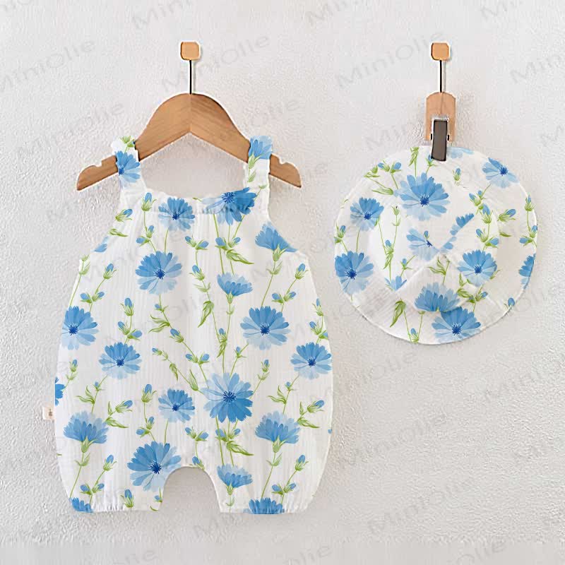 Baby Blue Floral White Romper with Hat - White - 18-24M - image 1