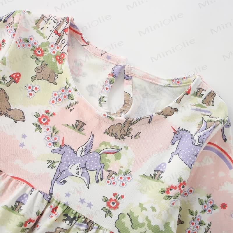 Toddler Girl Beige Unicorn Print Long Sleeve Dress - image 3