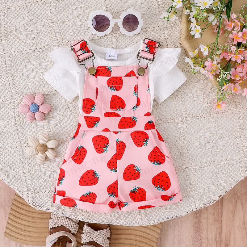 Baby Toddler Floral Print Onesie and Overalls 2-piece Set - Pink Strawberry - 2-3Y - image 5