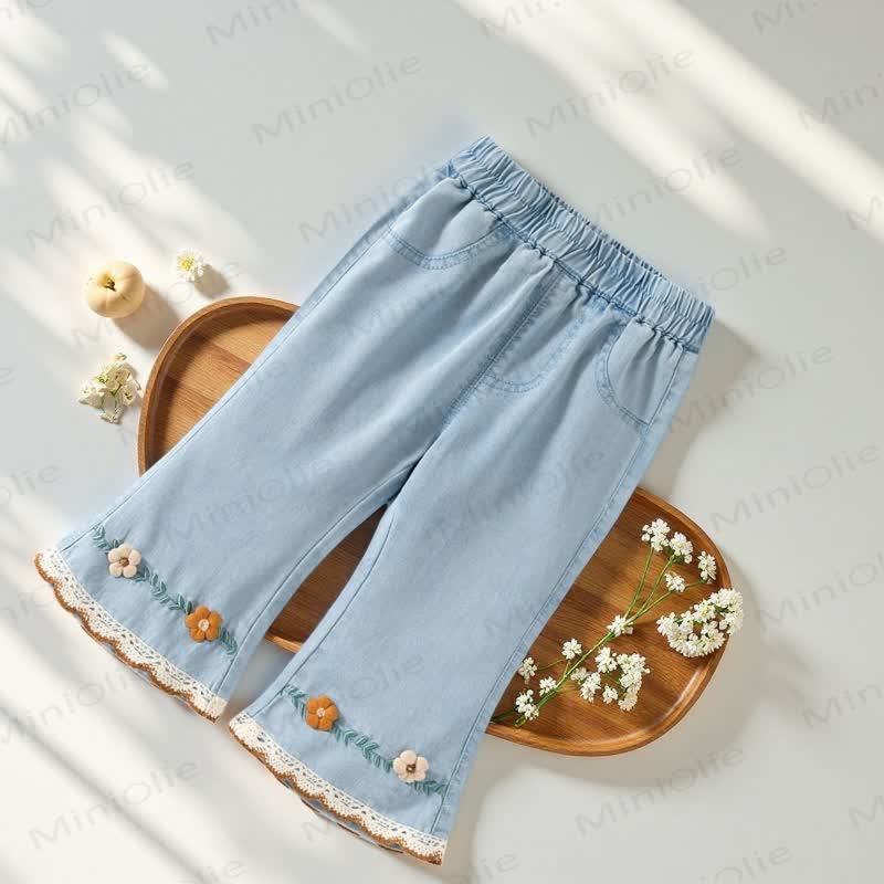 Toddler Girl Embroidered Lace Trim Denim Flare Pants - image 1