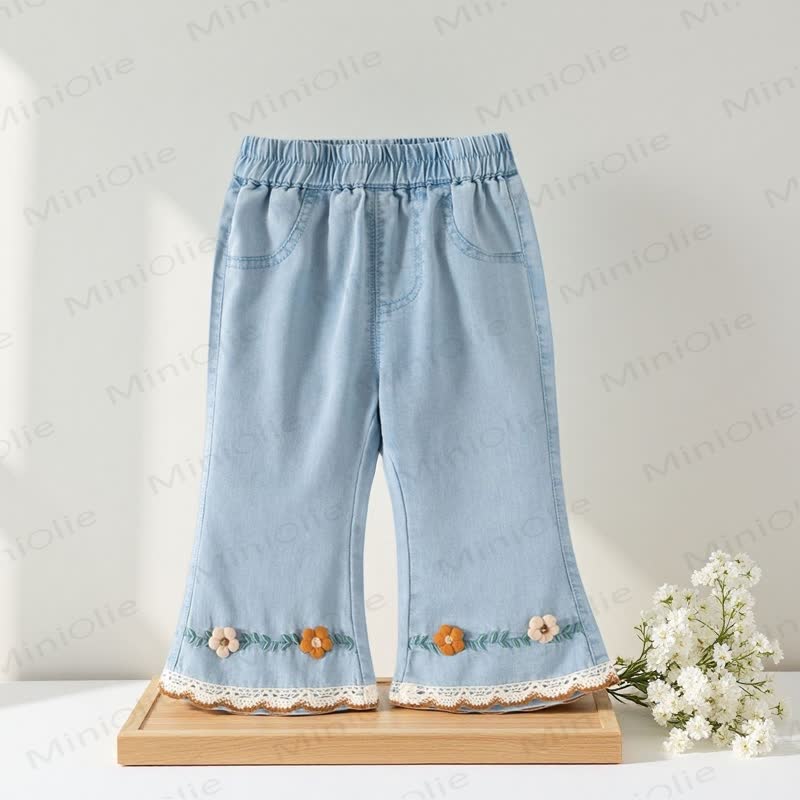 Toddler Girl Embroidered Lace Trim Denim Flare Pants - Blue - 8-9T - image 2