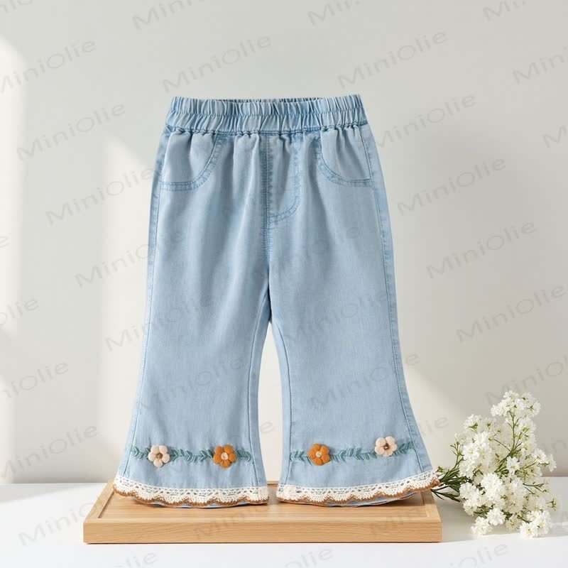 Toddler Girl Embroidered Lace Trim Denim Flare Pants - Blue - 8-9T - image 2