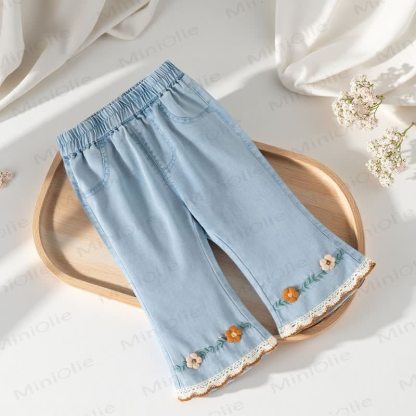 Toddler Girl Embroidered Lace Trim Denim Flare Pants - image 4