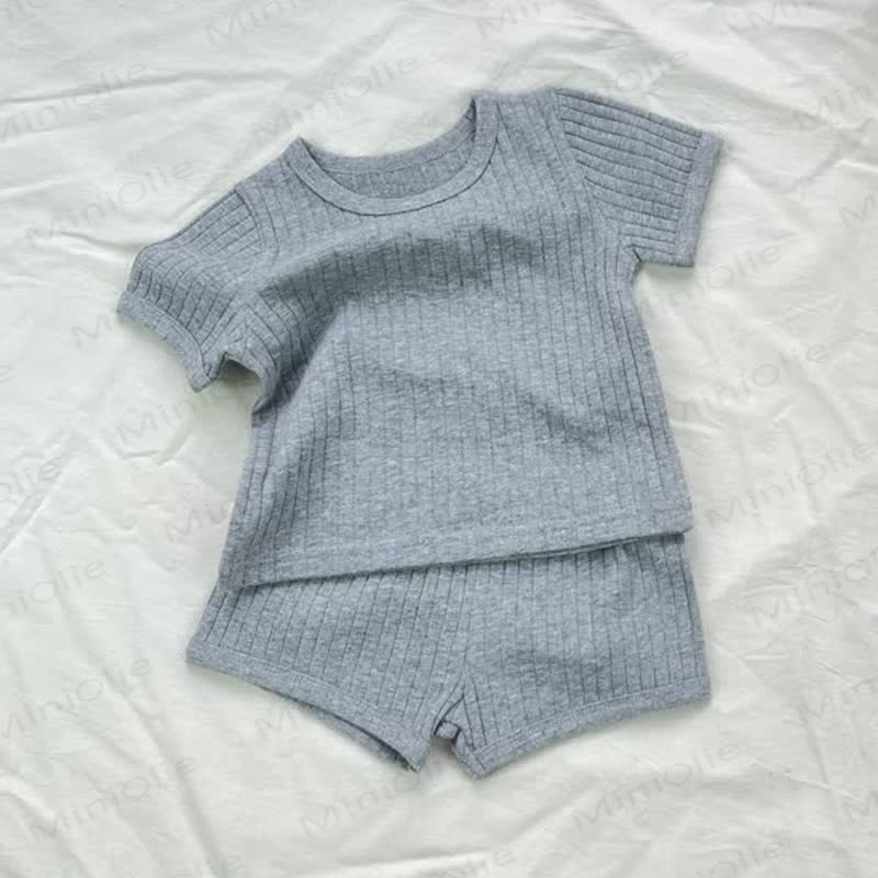 Baby Toddler Solid Color Ribbed Tee and Shorts 2-piece Set - Gray - 1.5-2T - image 2
