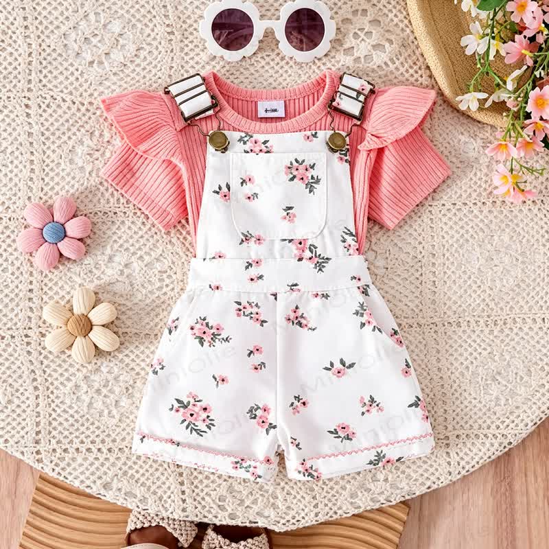 Baby Toddler Floral Print Onesie and Overalls 2-piece Set - White Floral - 2-3Y - image 9