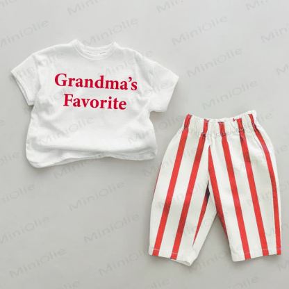 GRANDMA'S FAVOURITE Baby White&Red Striped Tee and Pants 2-piece Set - White&Red - 4-5T - image 1