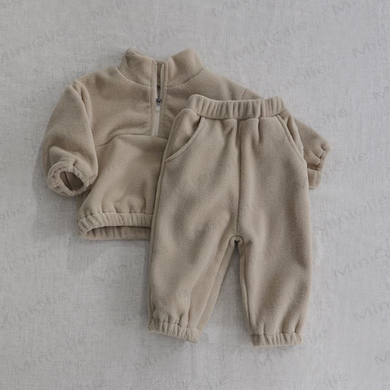 Toddler Baby Solid Color Half Zip Fleece Top and Pants 2-piece Set - Beige - 5-6Y - image 2
