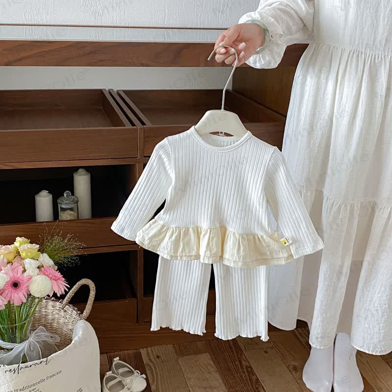 Baby Solid Color Long Sleeve Peplum Top and Pants 2-piece Set - White - 3-4T - image 2