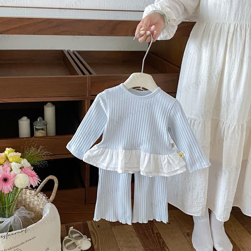 Baby Solid Color Long Sleeve Peplum Top and Pants 2-piece Set - Blue - 3-4T - image 4