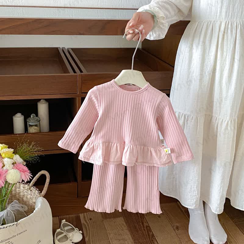 Baby Solid Color Long Sleeve Peplum Top and Pants 2-piece Set - Pink - 3-4T - image 3