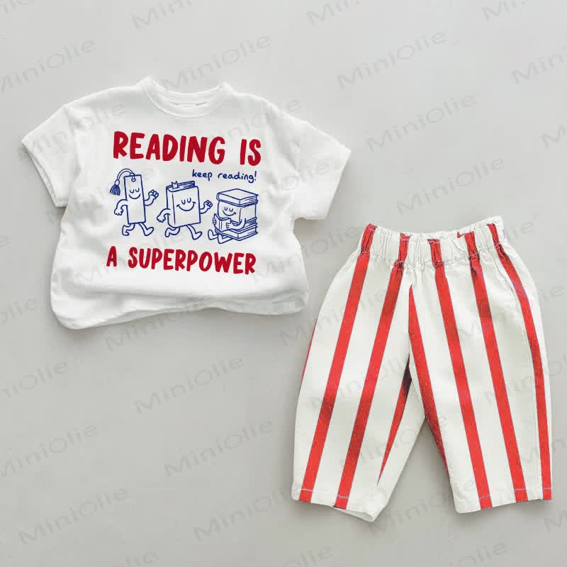 READING IS A SUPERPOWER Baby White&Red Vertical Striped 2-piece Set - White&Red - 4-5T - image 1