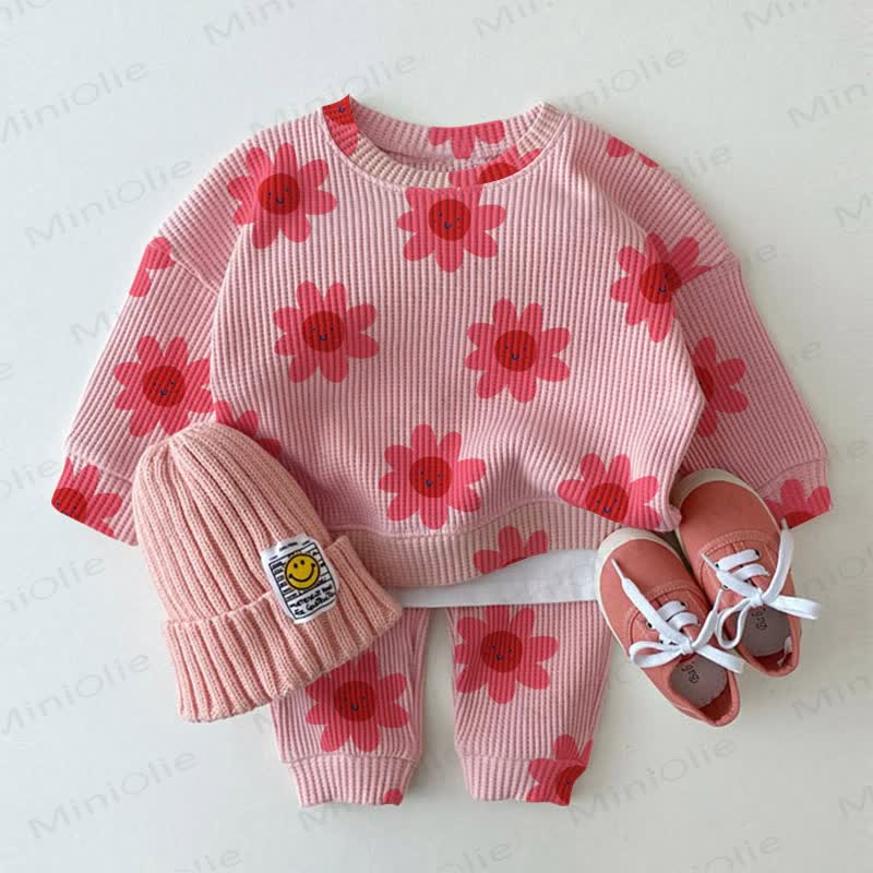 Baby Pink Smiling Flowers Waffle 2-piece Set - Pink - 2-3T - image 1