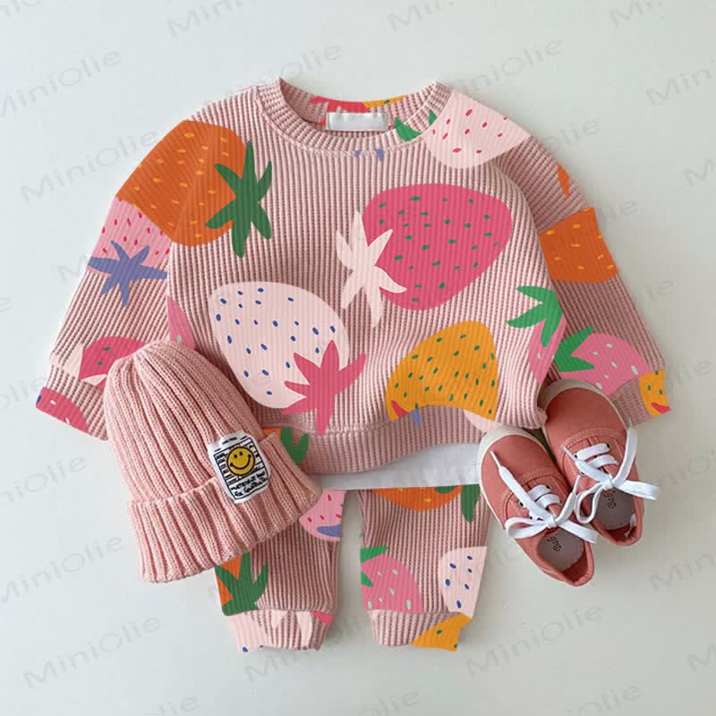 Baby Strawberry Pink Waffle Sweartshit and Pants 2-piece Set - Pink - 2-3T - image 1