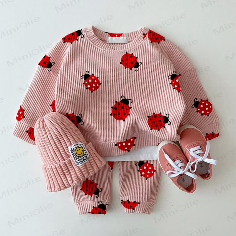 Baby Ladybug Pink Waffle Sweartshit and Pants 2-piece Set - Pink - 2-3T - image 1