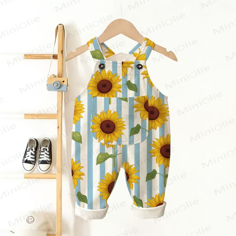 Baby Toddler Sunflower Print Striped Overalls - Beige - 3-5T - image 1