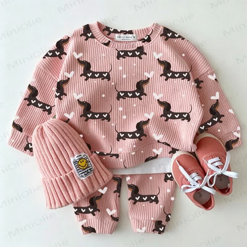 Baby Daschund & Heart Print Pink Waffle 2-piece Set - Pink - 2-3T - image 1