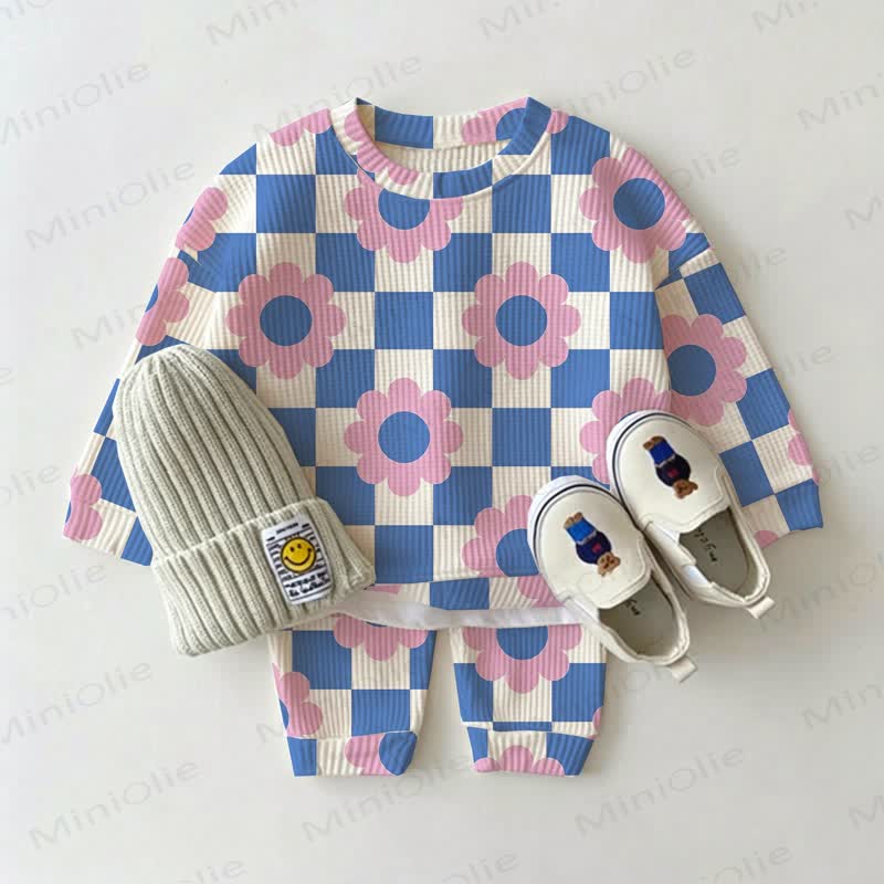 Baby Floral Checkered Print Waffle 2-piece Set - Beige - 2-3T - image 1