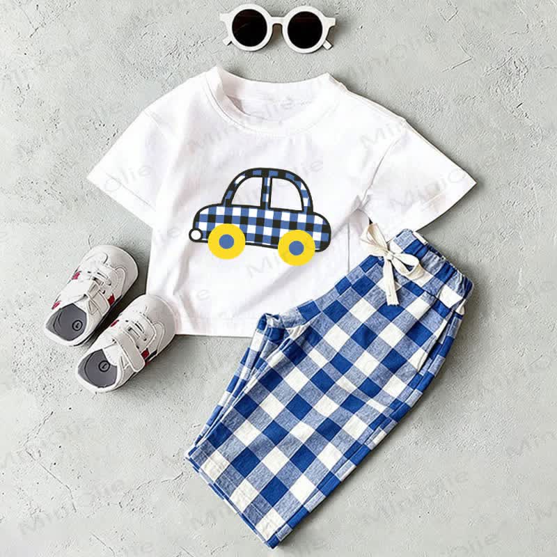Baby Car Print White T-shirt and Blue Plaid Pants 2-Piece Set - White&Blue - 2-3T - image 1