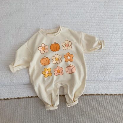 Baby Flower and Pumpkin Beige Romper - Beige - 2-3T - image 1