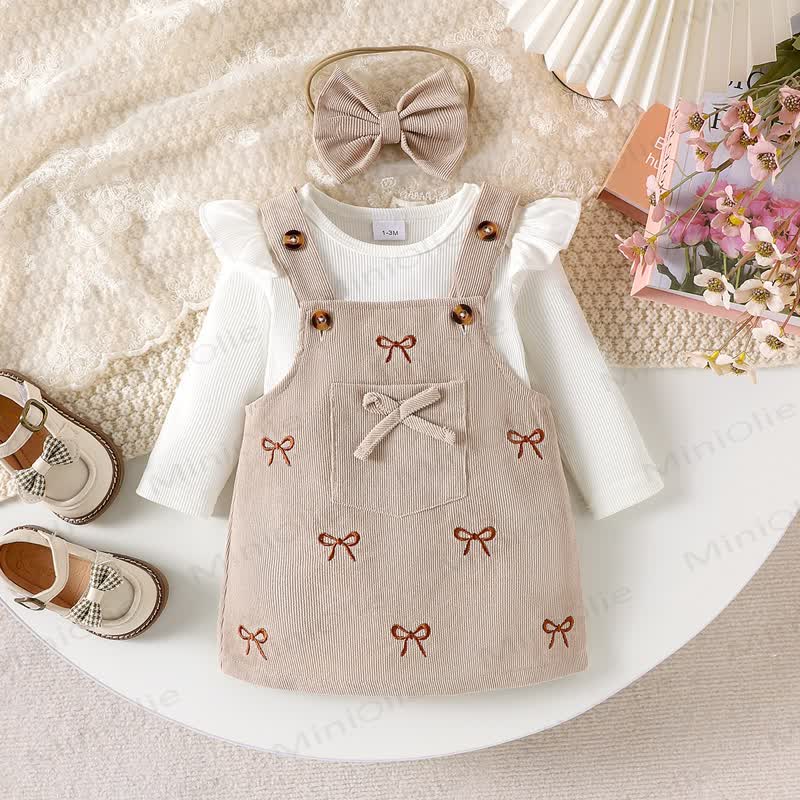 Baby Girl Vintage Bow Embroidered Corduroy Pinafore Set - Beige - 12-18M - image 1