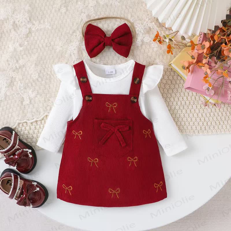 Baby Girl Vintage Bow Embroidered Corduroy Pinafore Set - Red - 12-18M - image 2