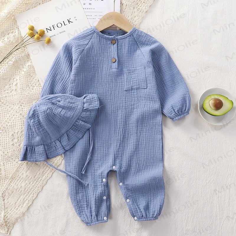Baby Button Front Romper with Brim Hat - Blue - 2-3T - image 7