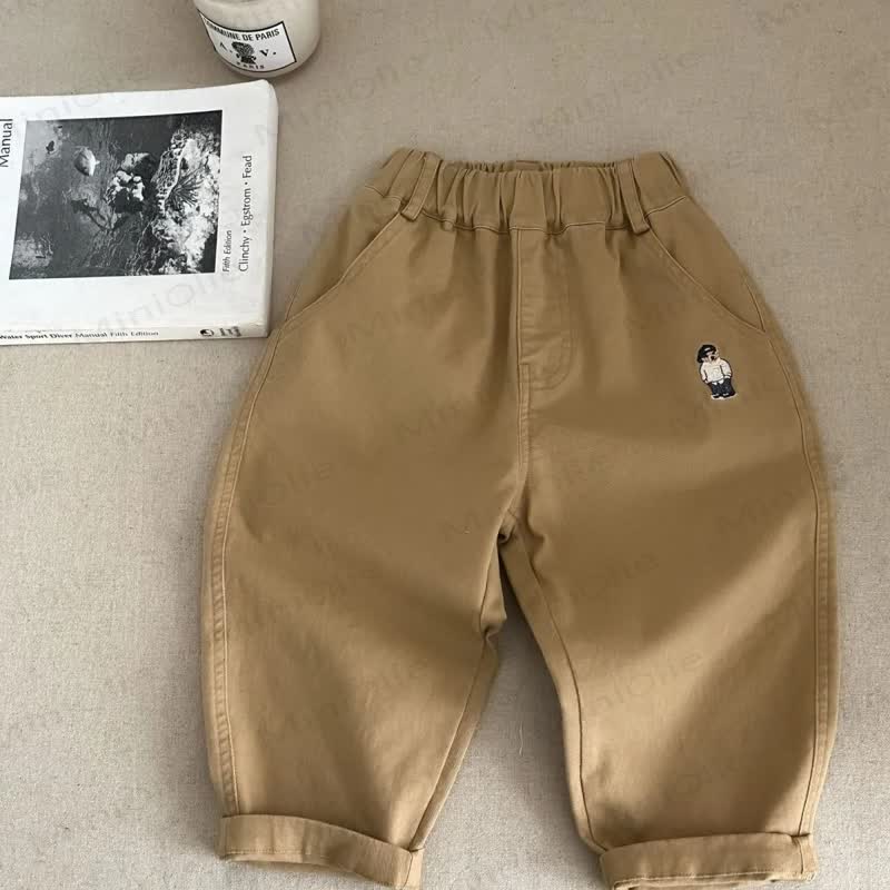 Toddler Solid Color Cartoon Embroidered Pants - Khaki - 8-9T - image 2