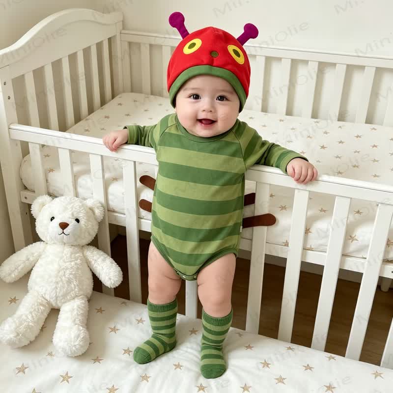 Baby Green Stripe Bodysuit with Hat - image 3