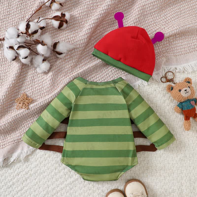 Baby Green Stripe Bodysuit with Hat - image 2