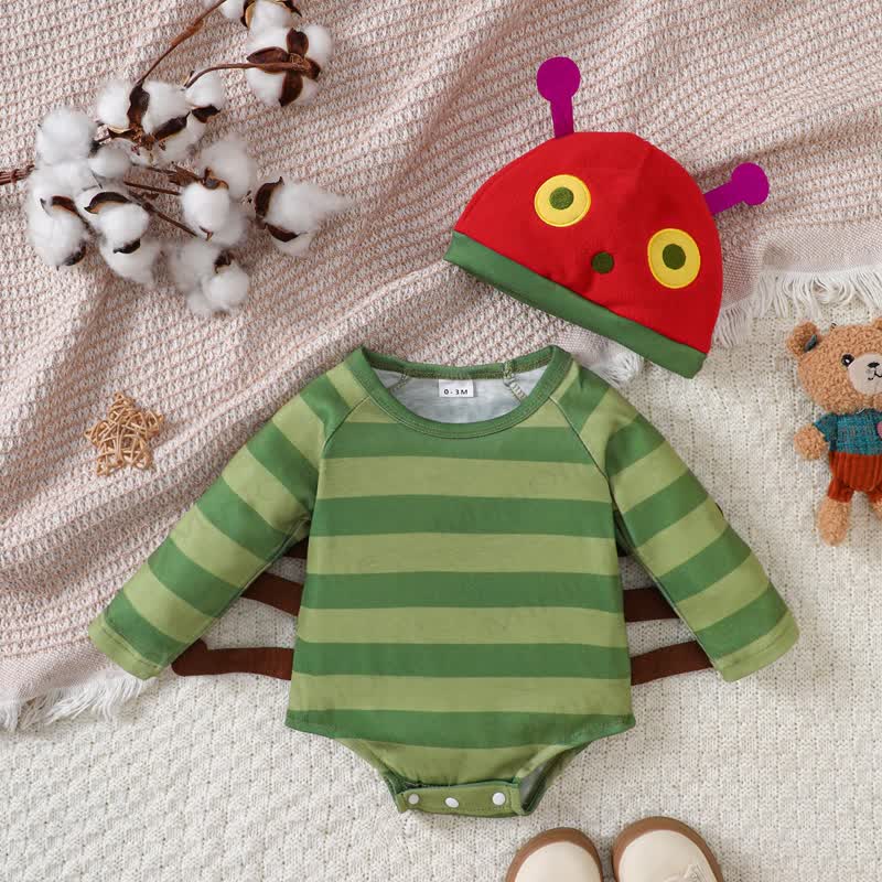 Baby Green Stripe Bodysuit with Hat - Green - 12-18M - image 1