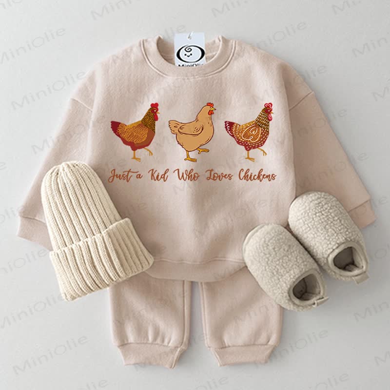 JUST A KID WHO LOVES CHICKENS Baby Sweatshirt 2-piece Set - Beige - 2-3T - image 1