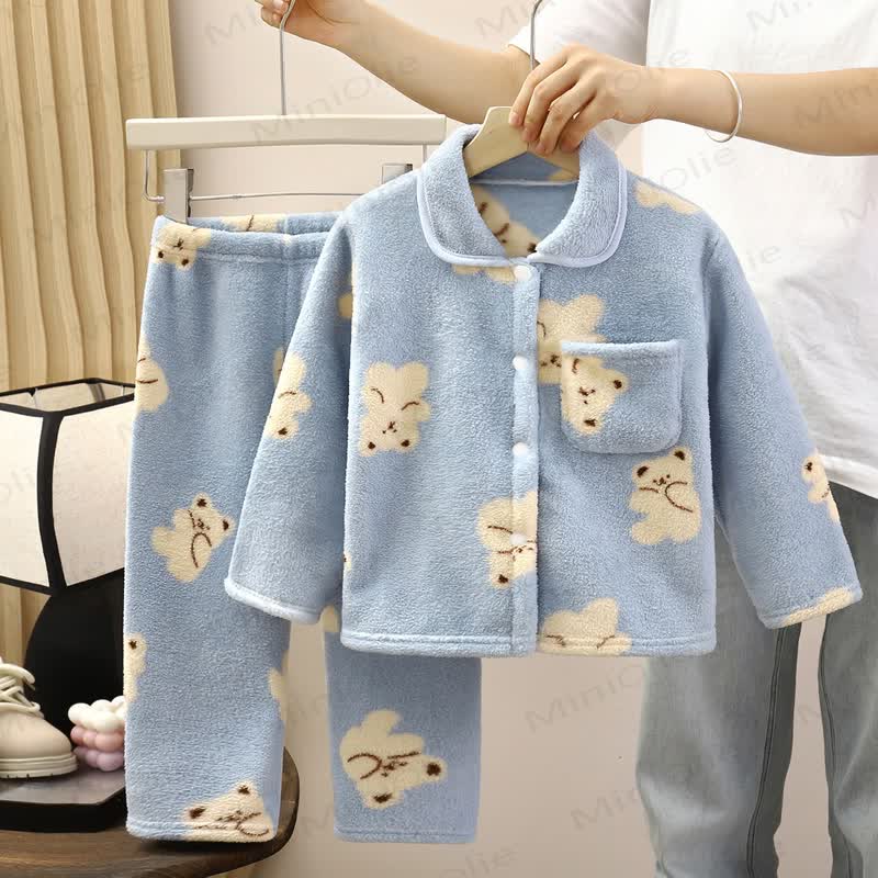 Toddler Blue/White Cozy Fleece Pajama 2-piece Set - Blue Bear - 10-11T - image 2