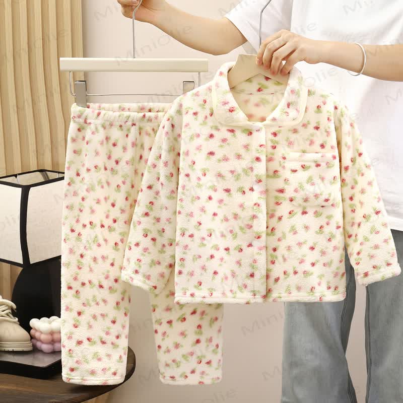 Toddler Blue/White Cozy Fleece Pajama 2-piece Set - White Flower - 10-11T - image 4