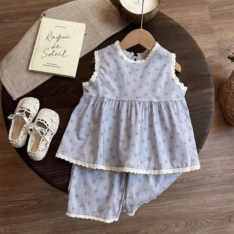 Toddler Girl Vintage Floral Lace Trim Sleeveless Top and Pants 2-piece Set - Blue - 6-7T - image 2