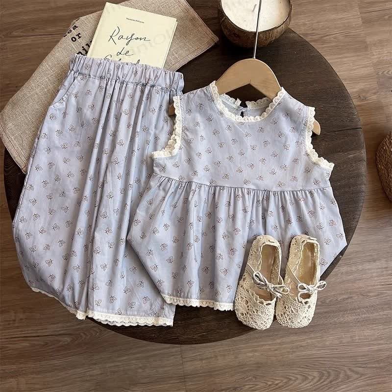 Toddler Girl Vintage Floral Lace Trim Sleeveless Top and Pants 2-piece Set - image 1