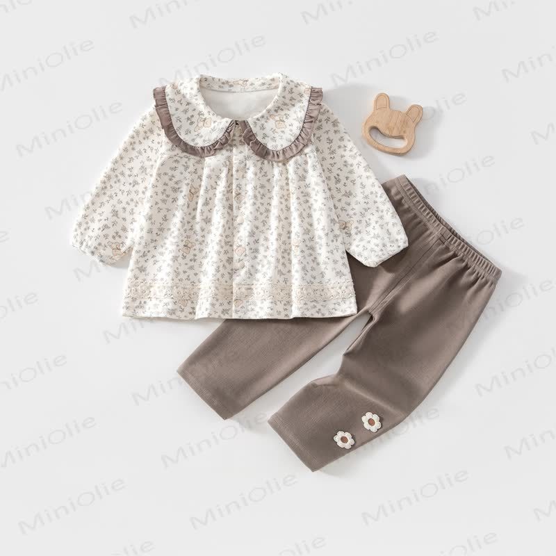 Baby Toddler Floral Peter Pan Collar Cozy Top and Pants 2-piece Set - Gray - 2-3T - image 3