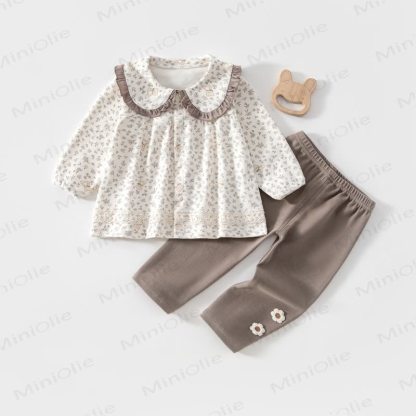Baby Toddler Floral Peter Pan Collar Cozy Top and Pants 2-piece Set - Gray - 2-3T - image 3