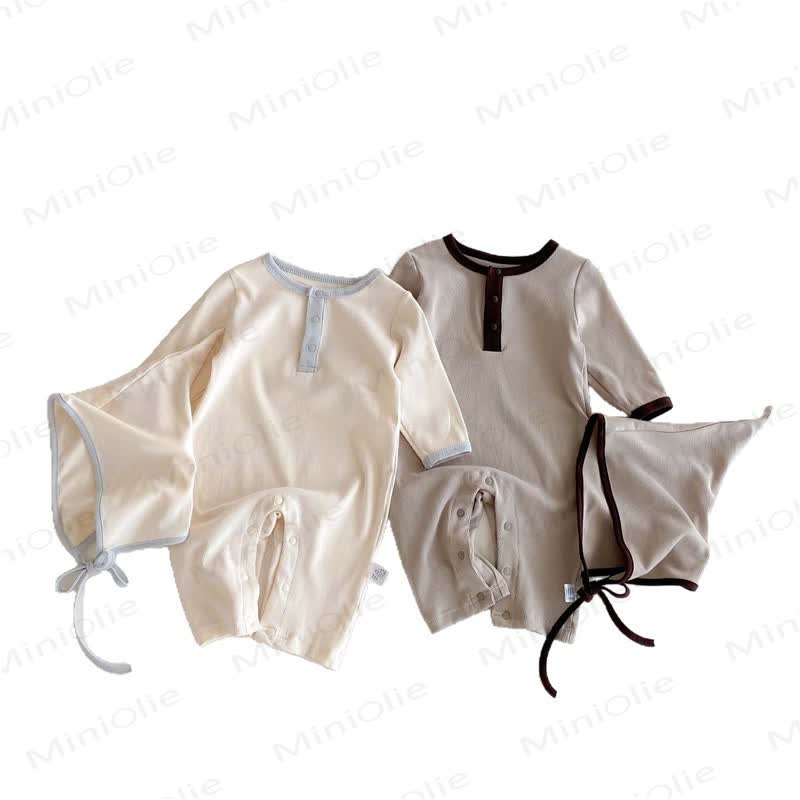 Baby Solid Color Romper with Bonnet - image 7