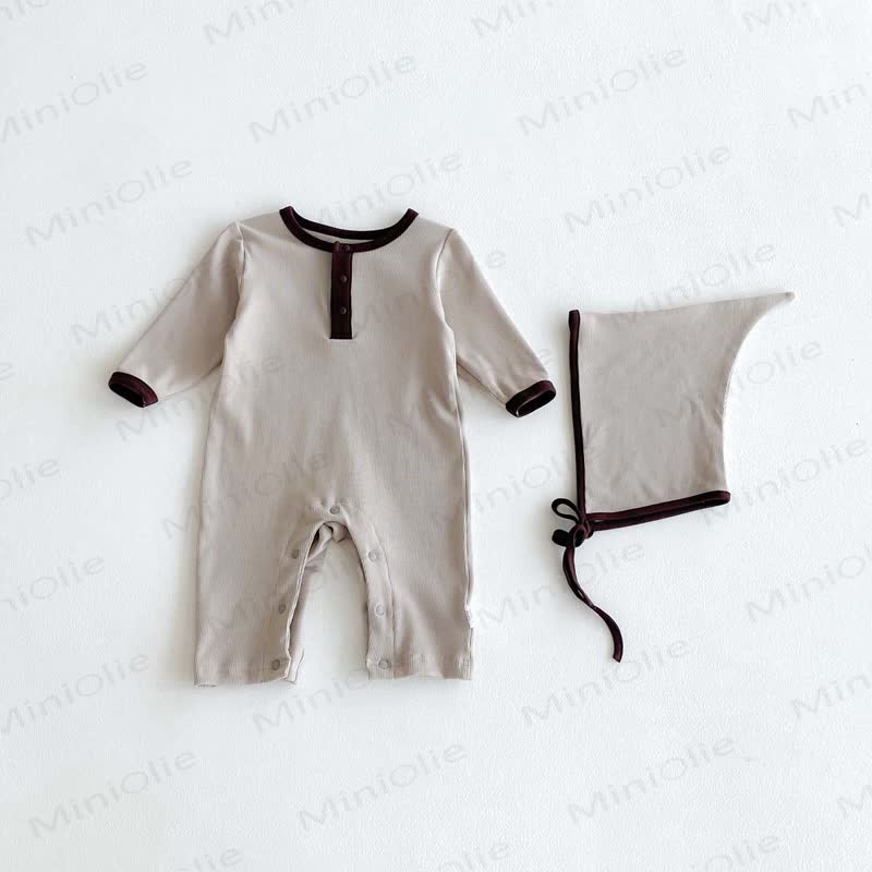 Baby Solid Color Romper with Bonnet - Khaki - 18-24M - image 3