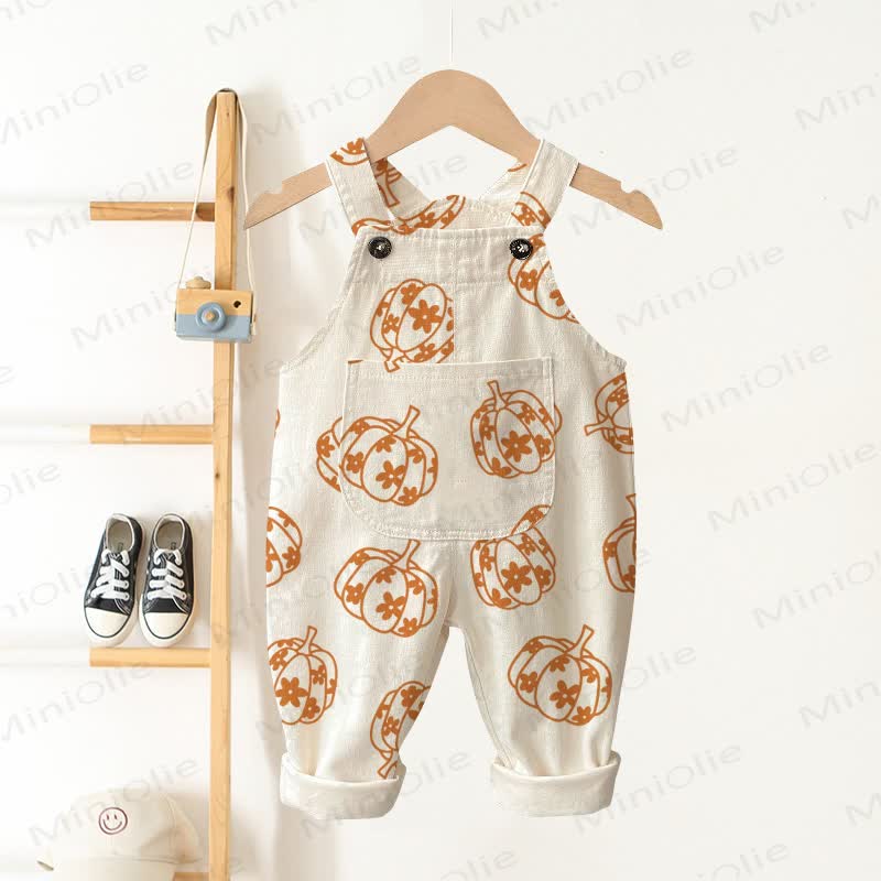 Baby Toddler Beige Pumpkin and Flower Pocket Overalls - Beige - 3-5T - image 1