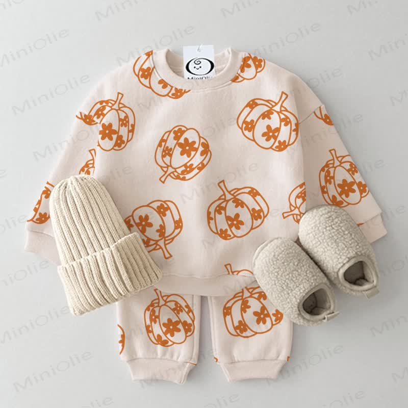 Baby Toddler Apricot Pumpkin and Flower Sweatshirt 2-piece Set - Apricot - 3-5T - image 1