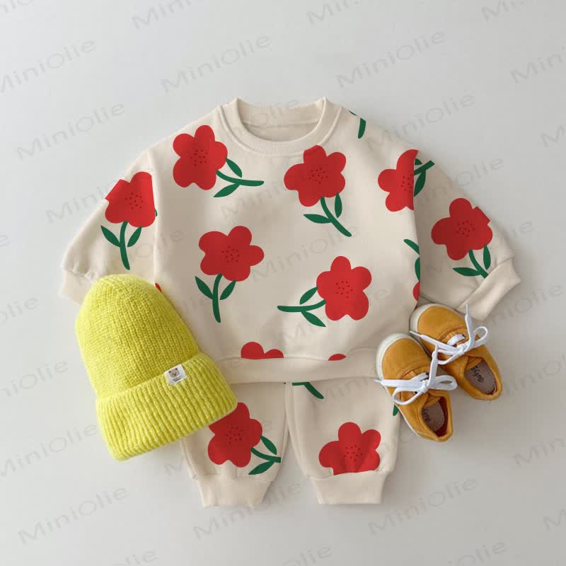Baby Toddler Apricot Flower Sweatshirt 2-piece Set - Apricot - 3-5T - image 1