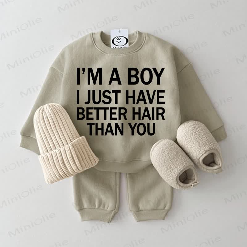 I'M A BOY I JUST HAVE BETTER HAIR THAN YOU Baby Grey Green Sweatshirt 2-piece Set - Grey Green - 2-3T - image 1
