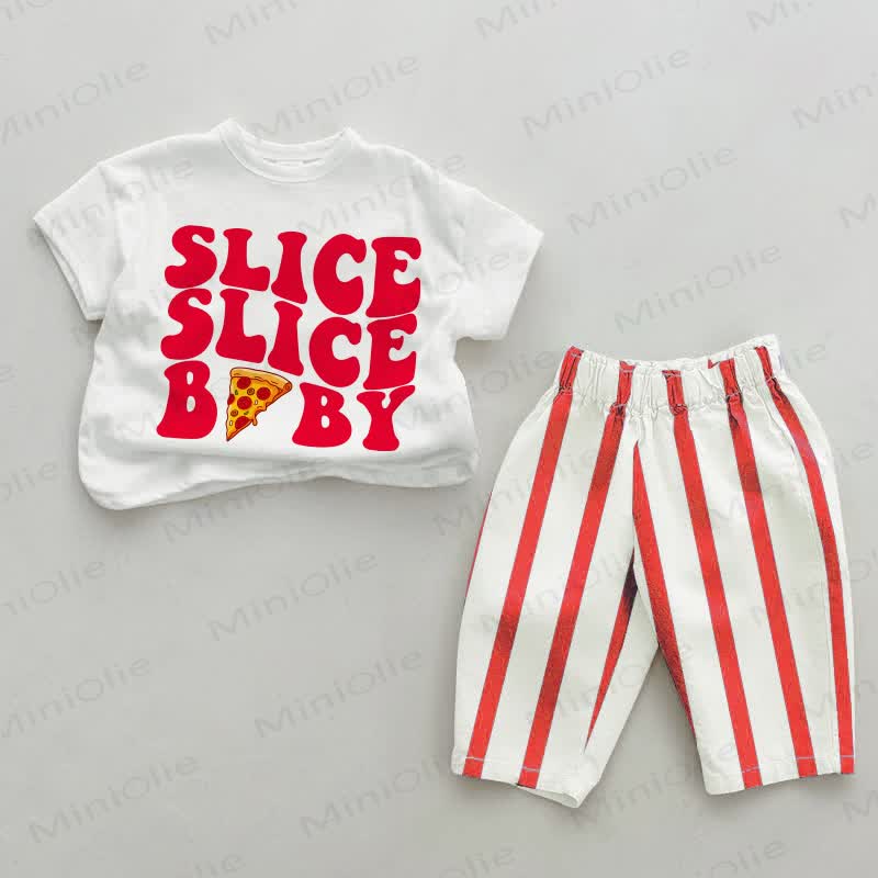 SLICE SLICE BABY Baby Toddler Pizza Red Vertical Striped 2-piece Set - White&Red - 4-5T - image 1