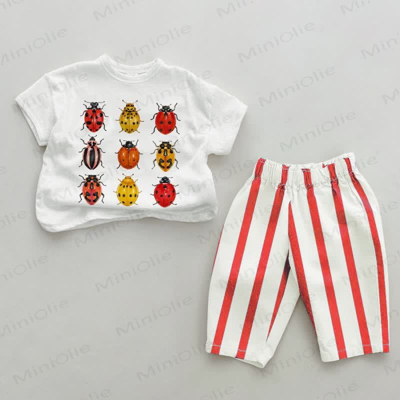 Baby Toddler Nine Ladybugs Red Vertical Striped 2-piece Set - White&Red - 4-5T - image 1